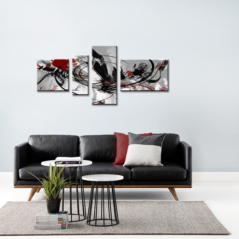 Abstract kunst schilderij met zwart wit grijs en rood Woonkamer wit modern