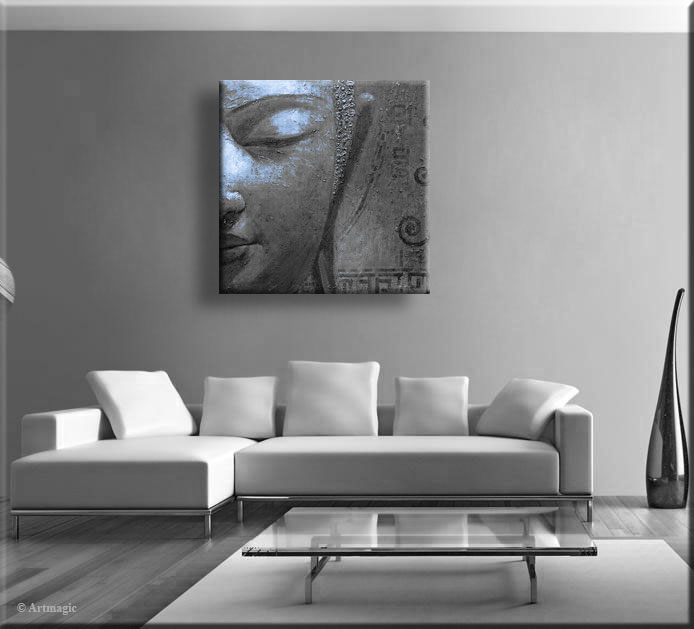 Boeddha schilderij met blauw witte aardetint accenten Schilderij woonkamer white